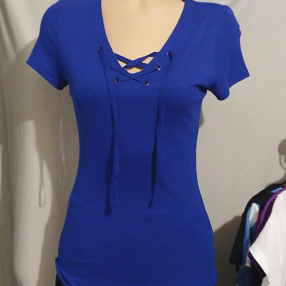 Ribbed tie V neckline tee, NEW
